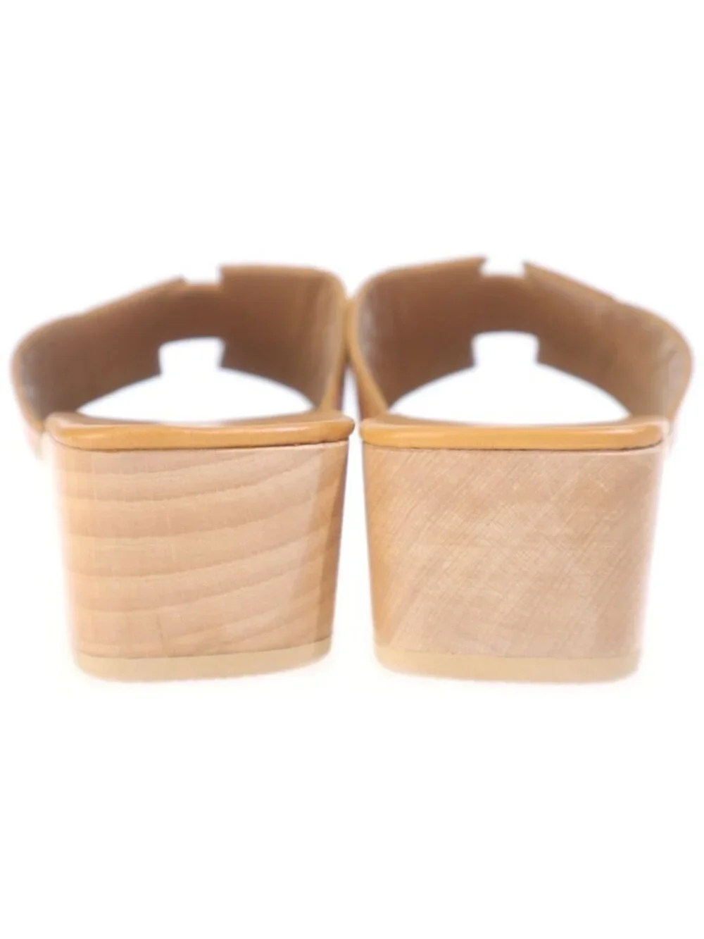 Hermes Logo Kevral Sandals Leather Wood Mules Shoes Brown 35